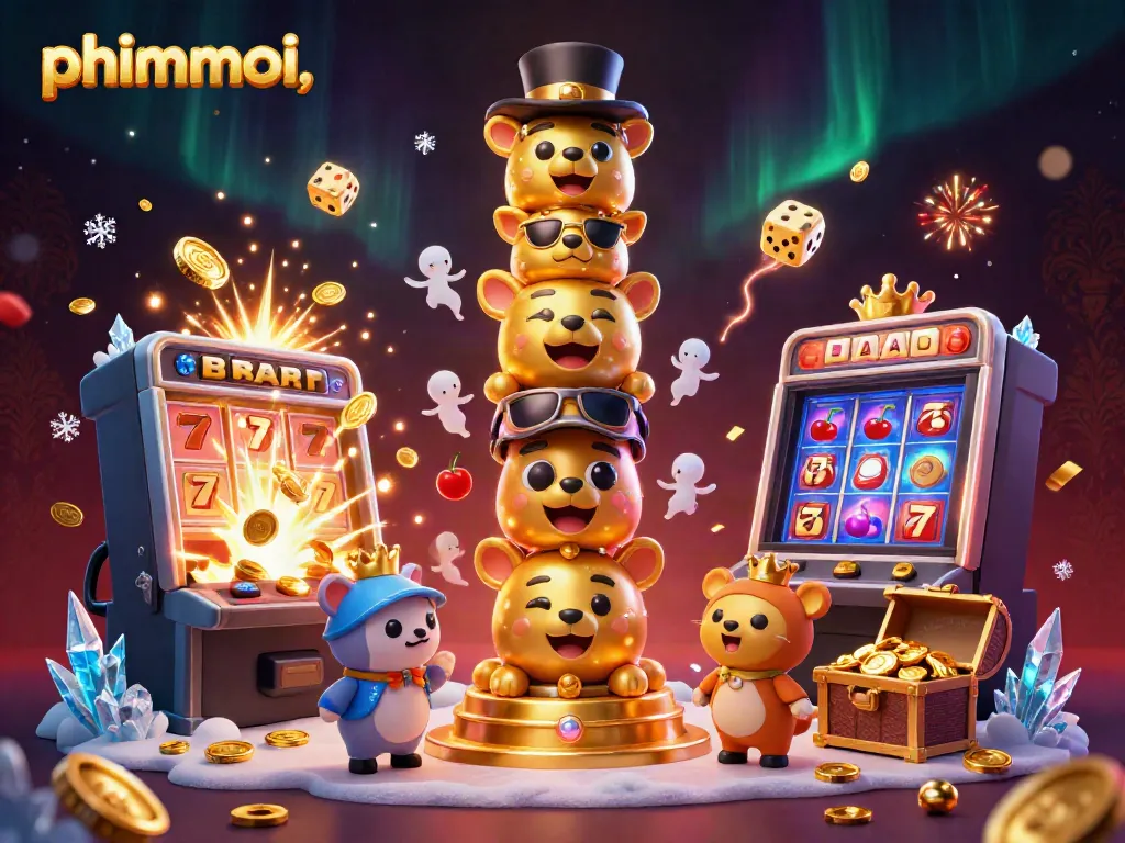 Engaging casino scene with phimmoi,, totem, slot machine, and vibrant gaming elements.