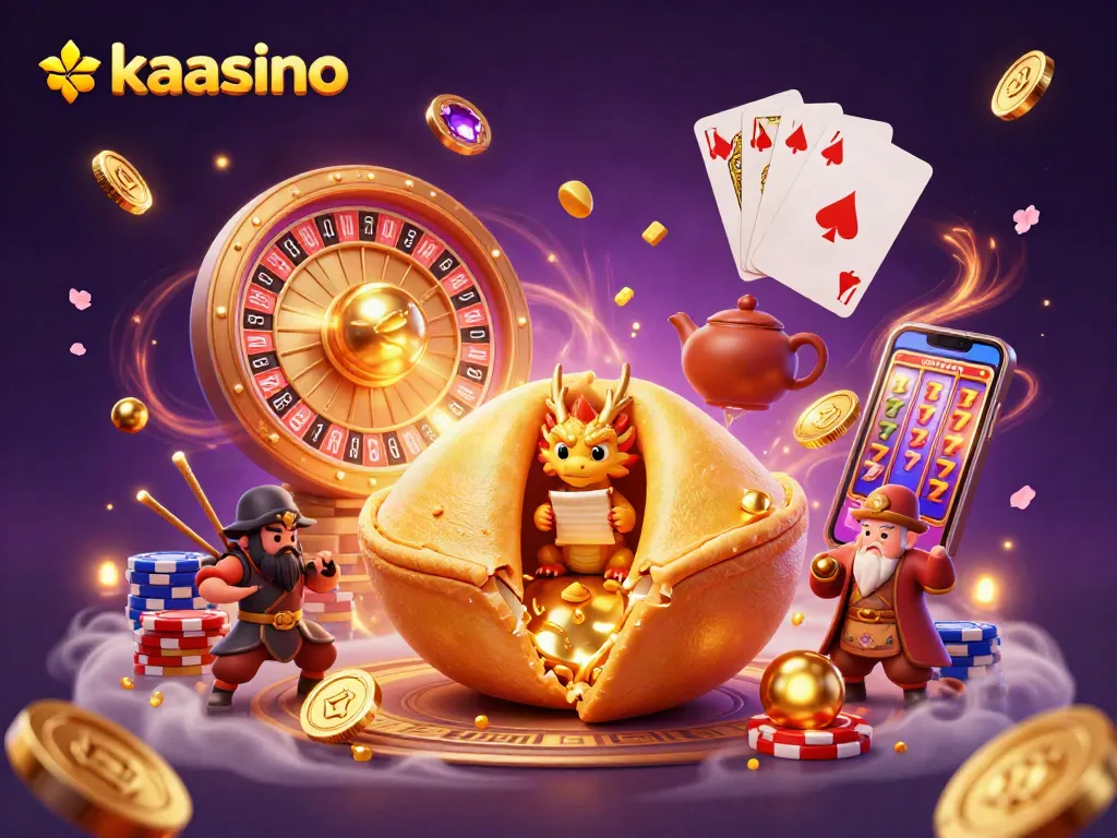 Experience the excitement of kaasino with a vibrant scene featuring fortune cookies, dragons, and gold!