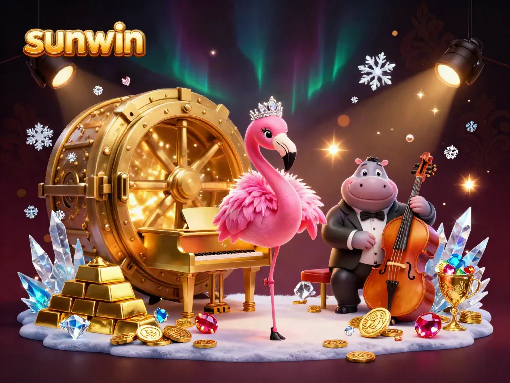 Experience exciting gaming at sunwin with a lively casino scene featuring a singing flamingo and a hippo bassist.