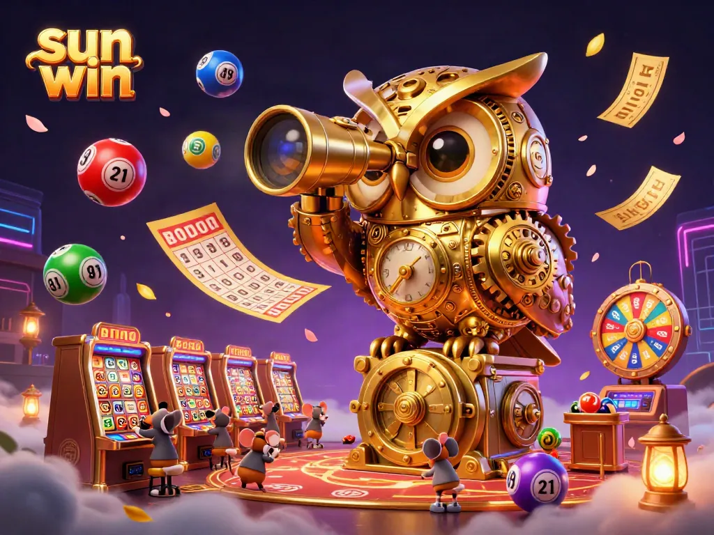 Experience sun win at a vibrant casino scene featuring a clockwork owl and whimsical patrons.