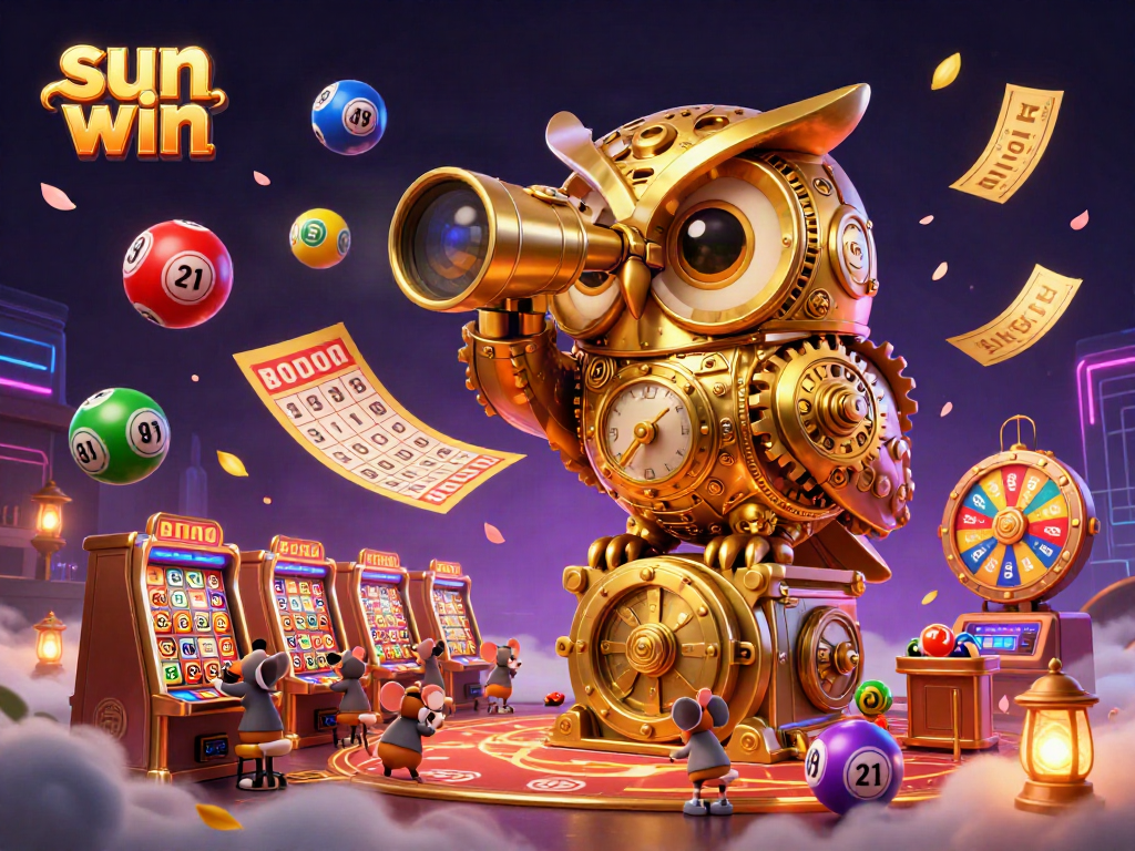 Experience sun win at a vibrant casino scene featuring a clockwork owl and whimsical patrons.