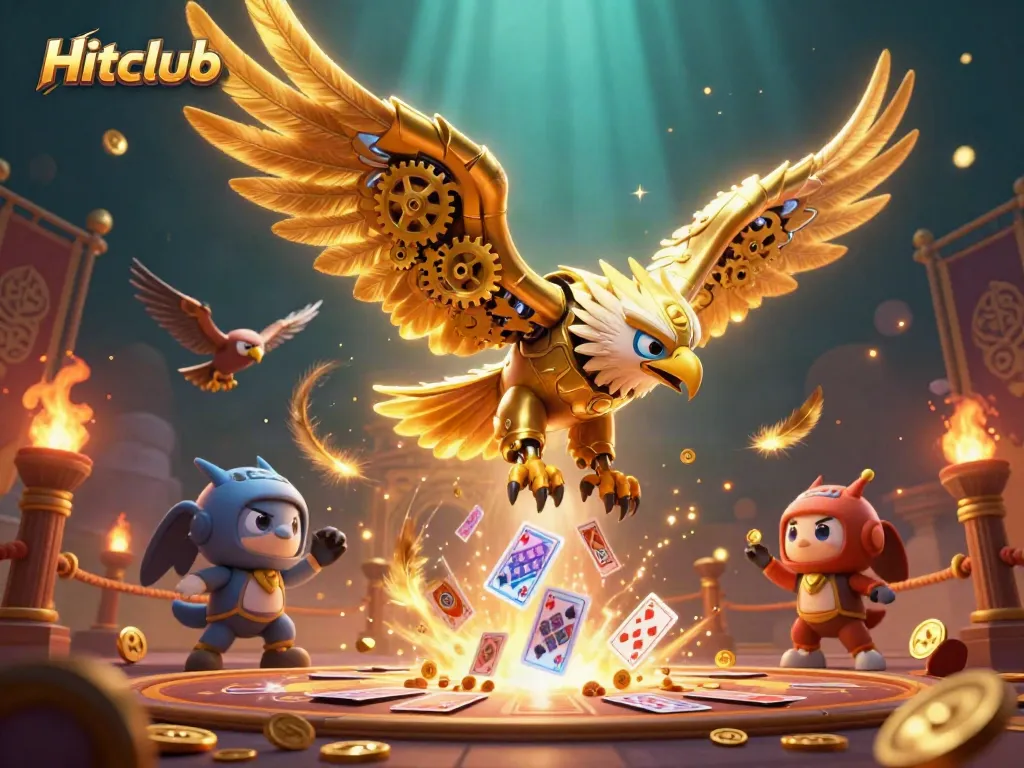 Engage in thrilling action with the Hitclub golden eagle, soaring through a vibrant world of holographic cards and casino elements.