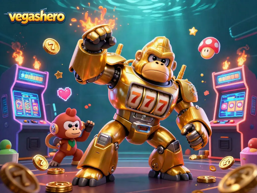 Experience exciting casino action with vegashero, featuring a golden gorilla mech and vibrant arcade elements.