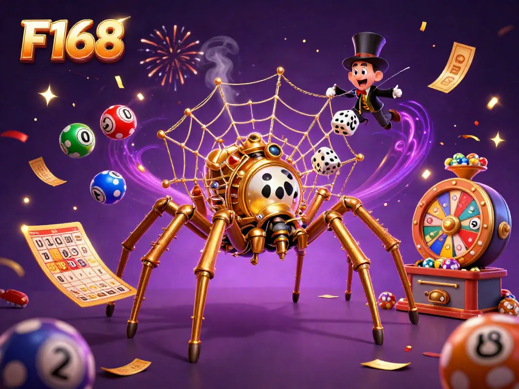 Engage with F168 by playing exciting games surrounded by colorful lottery balls and vibrant casino elements.