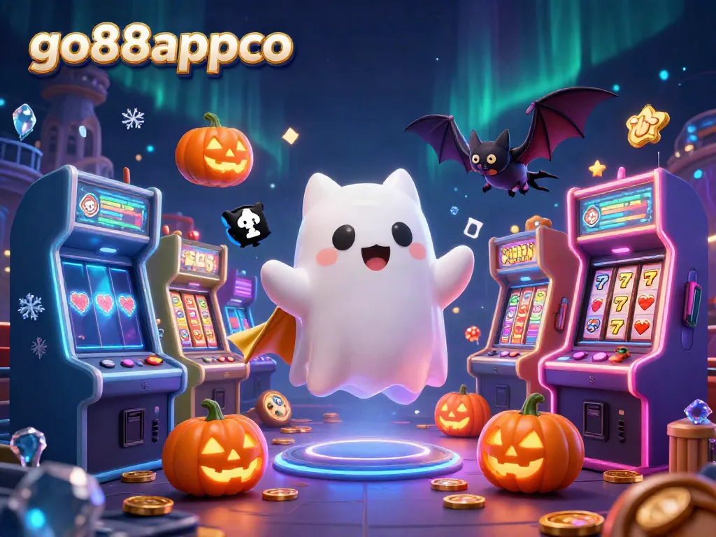 Engage in thrilling games at go88appco, featuring a playful ghost cat and a vampire bat surrounded by vibrant slot elements.