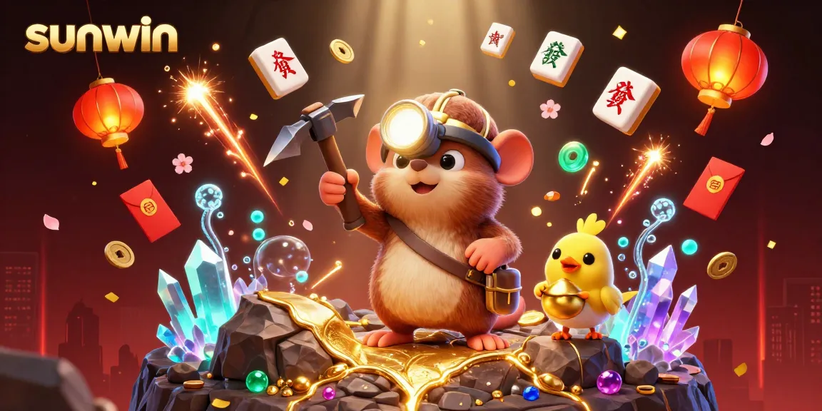 Experience sunwin's gaming excitement with a treasure hunter mole in a vibrant, dynamic casino scene.