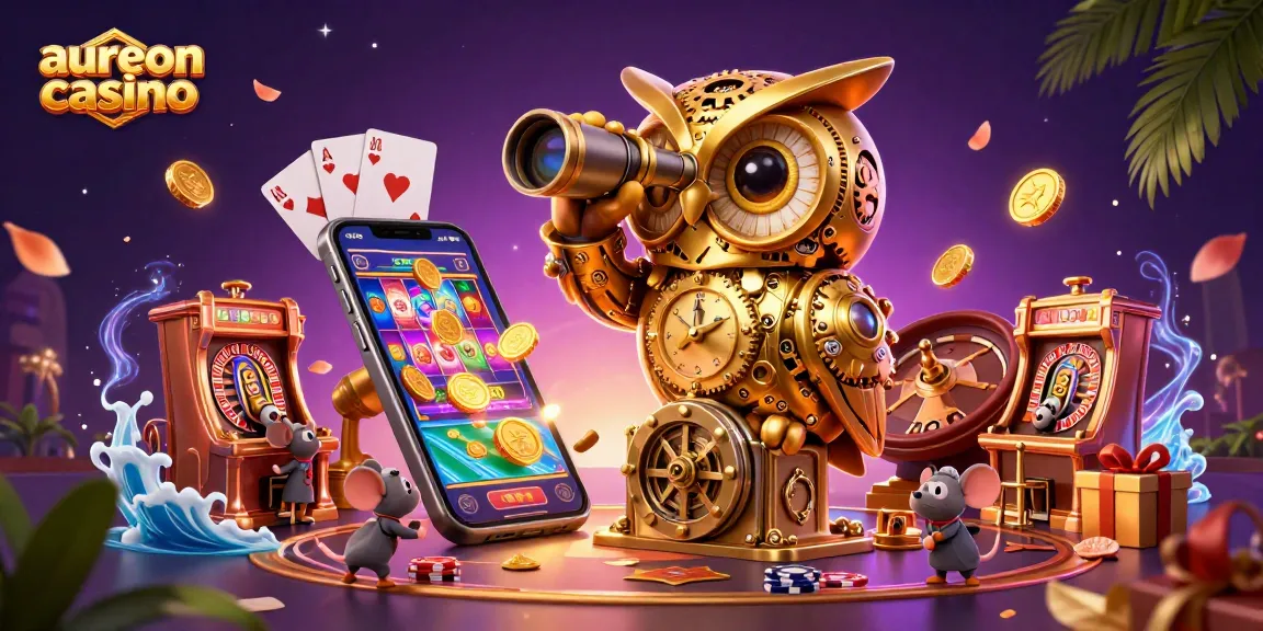 Engage at aureoncasino with a golden owl on a casino floor, showcasing vibrant slot games.