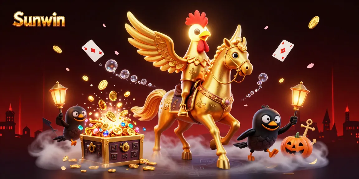Sunwin's vibrant casino scene featuring a golden rooster and crow companions amidst floating playing cards and treasure.