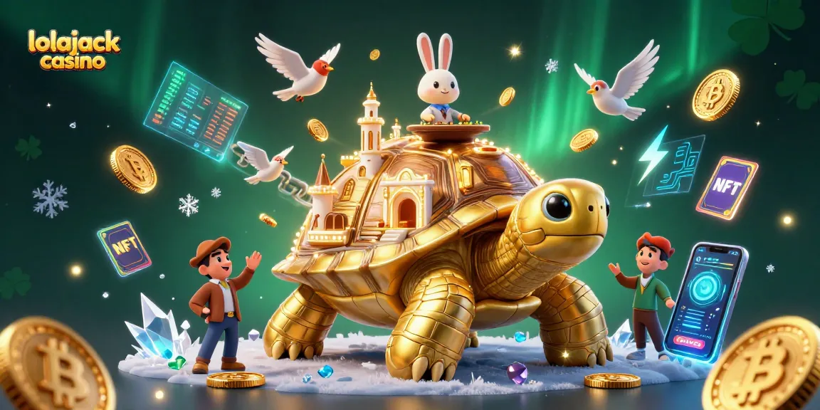 Experience thrilling games at lolajack casino with a vibrant 3D illustration capturing golden tortoise and dealer action.